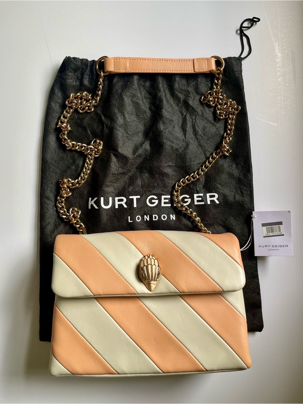 Kurt Geiger London Peach & Cream Quilted Shoulder Bag with Gold Chain, NWT